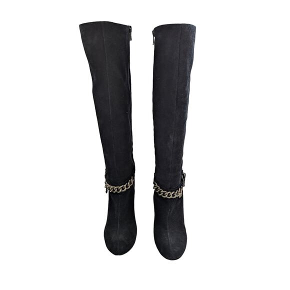 BCBGENERATION! MERRY BLACK SUEDE LEATHER WEDGE HEELS CHAINED BOOTS! SZ 7.5B - Picture 5 of 11